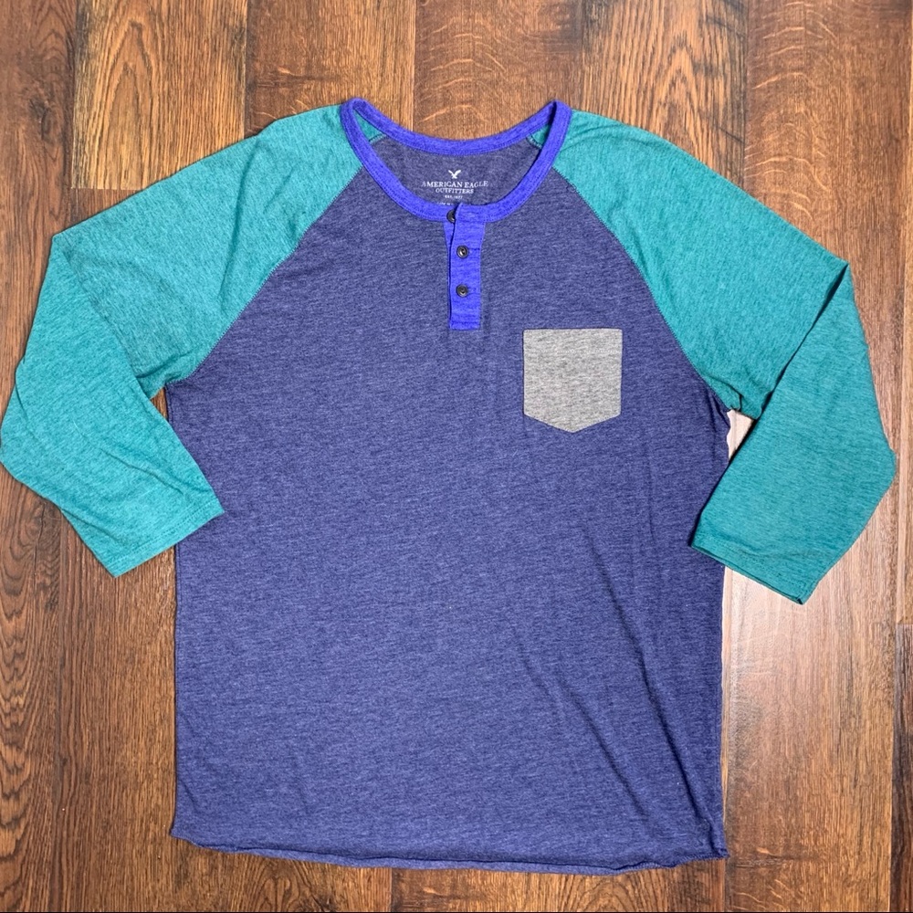 American Eagle Color Block 1/4 Sleeve Button Front